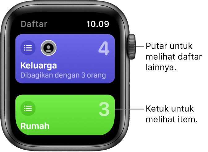 Layar Daftar app Pengingat menampilkan dua tombol daftar—Keluarga dan Rumah. Nomor besar memberi tahu Anda jumlah pengingat di setiap daftar. Tombol Keluarga menyertakan kata “Dibagikan dengan 3 orang". Ketuk daftar untuk melihat item dalam daftar, atau putar Digital Crown untuk melihat daftar lainnya.