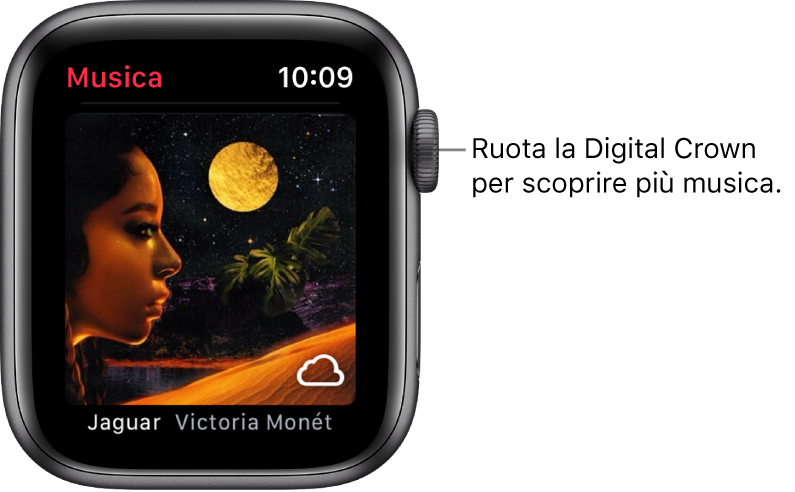 Schermata che mostra un album e la relativa illustrazione nell'app Musica.