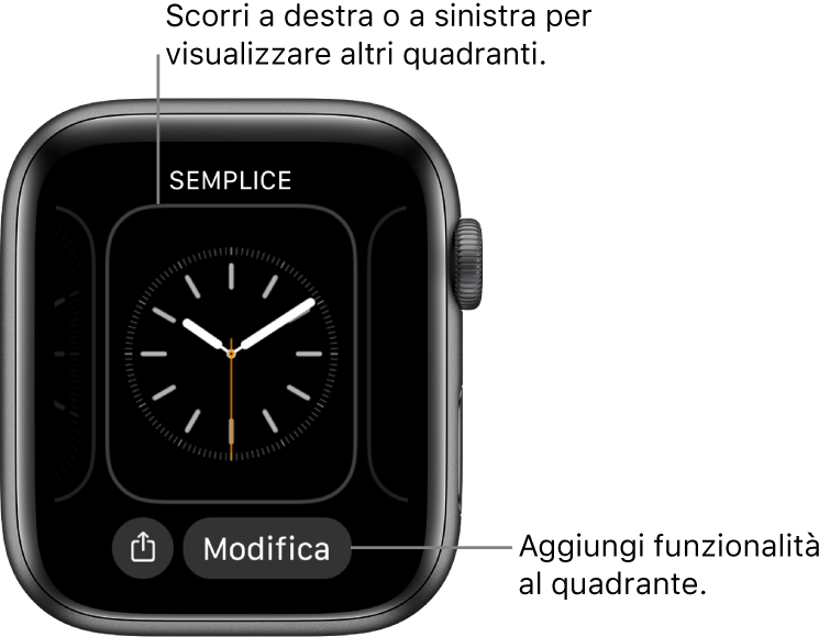 Quando premi con decisione il quadrante, visualizzi quello attuale con i pulsanti Personalizza e Modifica in basso. Scorri verso destra o verso sinistra per vedere le altre opzioni. Tocca una complicazione per aggiungere le funzionalità che desideri.
