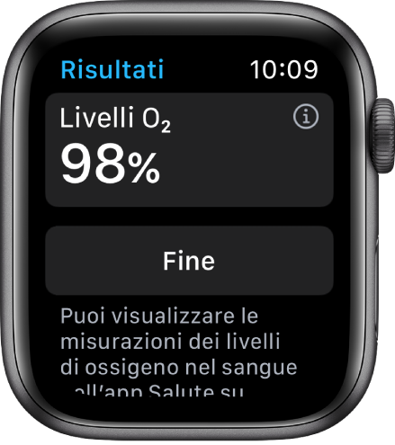 La schermata con i risultati dei livelli O₂ mostrante una saturazione del 98 percento. In basso è presente il pulsante Fine.