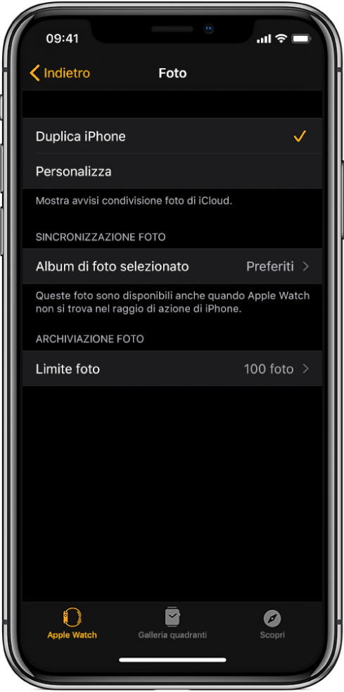 Le impostazioni di Foto nell’app Watch su iPhone, con l’impostazione di sincronizzazione delle foto al centro e l’impostazione relativa al limite di foto sotto.
