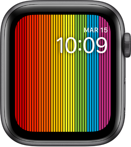 Il quadrante “Pride digitale” che presenta strisce verticali arcobaleno con l'ora in alto a destra.