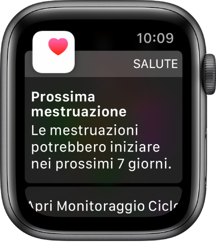 Apple Watch che mostra la schermata di una previsione di ciclo con il testo “Prossimo ciclo. Il ciclo potrebbe iniziare nei prossimi 7 giorni.” Un pulsante “Apri “Monitoraggio ciclo”” compare in basso.
