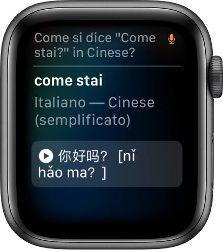La schermata di Siri con la frase “Come si dice come stai in cinese” in alto. La traduzione in cinese semplificato viene visualizzata sotto. L’icona del microfono è in alto a destra e indica che il microfono viene utilizzato in quel momento.