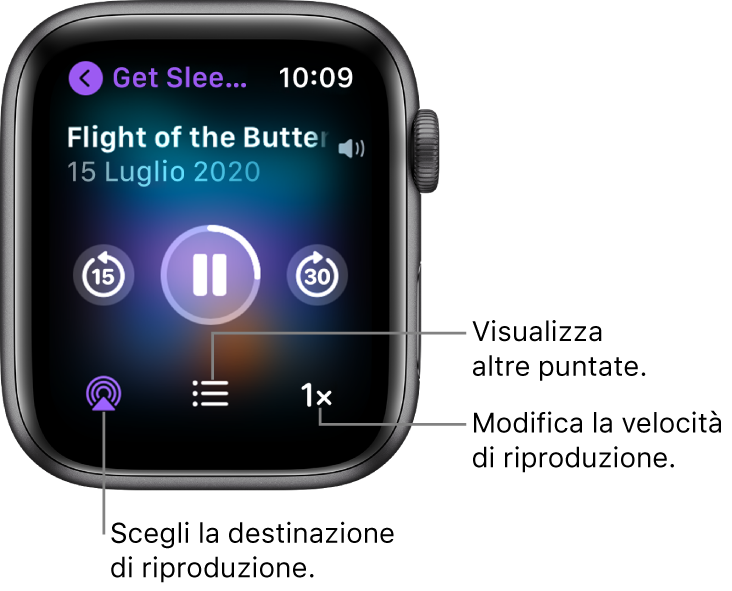 Una schermata “In riproduzione” di Podcast che mostra il nome del podcast, il titolo della puntata, la data, il pulsante per tornare indietro di 15 secondi, il pulsante per mettere in pausa, il pulsante per andare avanti di 30 secondi, il pulsante AirPlay, il pulsante delle puntate e il pulsante della velocità di riproduzione.