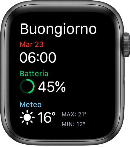 Apple Watch che mostra la schermata di risveglio. Viene mostrato il messaggio Buongiorno in alto. Sotto, sono visibili la data, l'orario, la percentuale di batteria e le condizioni meteo.