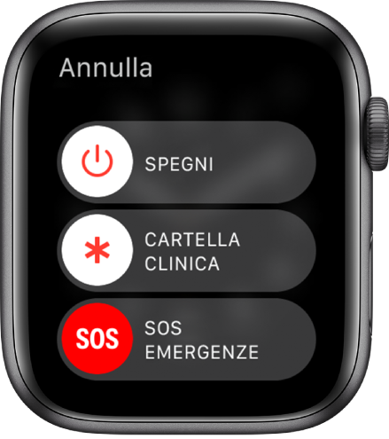 Lo schermo di Apple Watch che mostra tre cursori: Spegni, “Cartella clinica” e “SOS emergenze”. Trascina il cursore Spegni per spegnere Apple Watch.