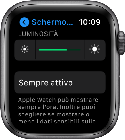 La schermata con le impostazioni relative allo schermo e alla luminosità con il selettore di luminosità e il pulsante “Sempre attivo”.