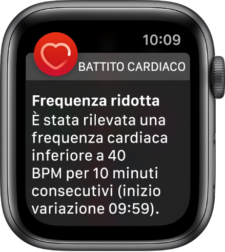 Una schermata di avviso dell'opzione di monitoraggio del battito cardiaco che indica che è stata rilevata una frequenza cardiaca ridotta.