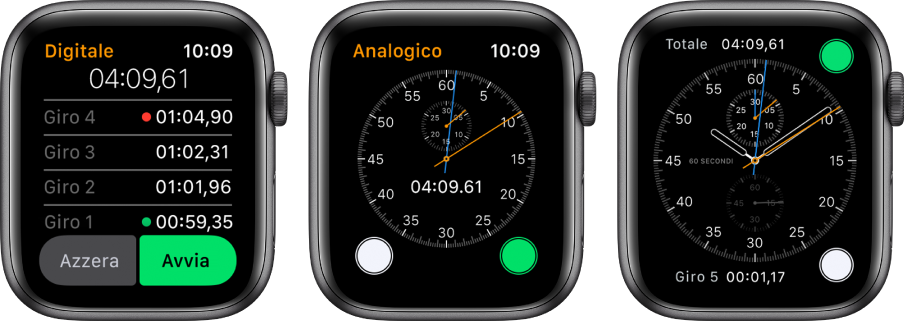 Tre quadranti che mostrano tre tipi di cronometro: uno digitale nell’app Cronometro, uno analogico nell’app e i controlli del cronometro disponibili dal quadrante Cronografo.