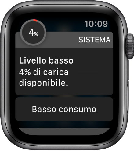 L'avviso di livello di carica basso include un pulsante che puoi toccare per attivare la modalità “Basso consumo”.