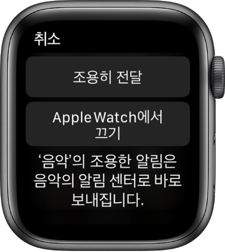 Apple Watch의 알림 설정. 상단 버튼은 ‘조용히 전달’이라고 쓰여 있고 그 아래 버튼은 ‘Apple Watch에서 끄기’라고 쓰여 있음.