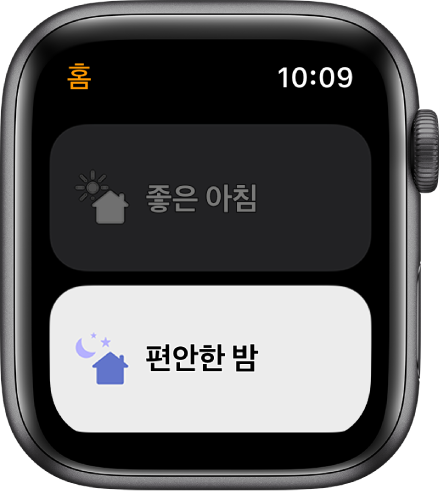 좋은 아침 및 편안한 밤이라는 두 가지 화면을 보여주는 Apple Watch의 홈 앱. 편안함 밤이 하이라이트되어 있음.