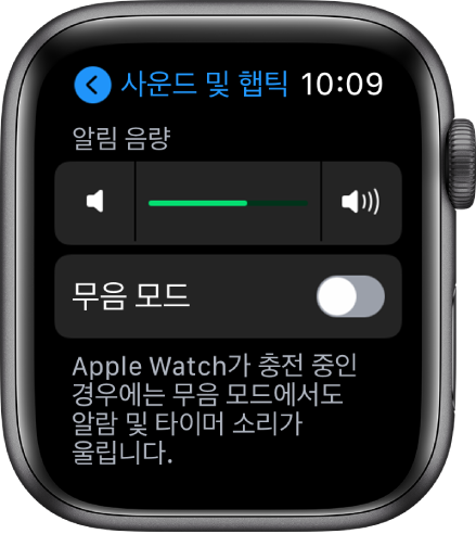 Apple Watch의 사운드 및 햅틱 설정. 상단에는 알림 음량 슬라이더, 하단에는 무음 모드 버튼이 있음.