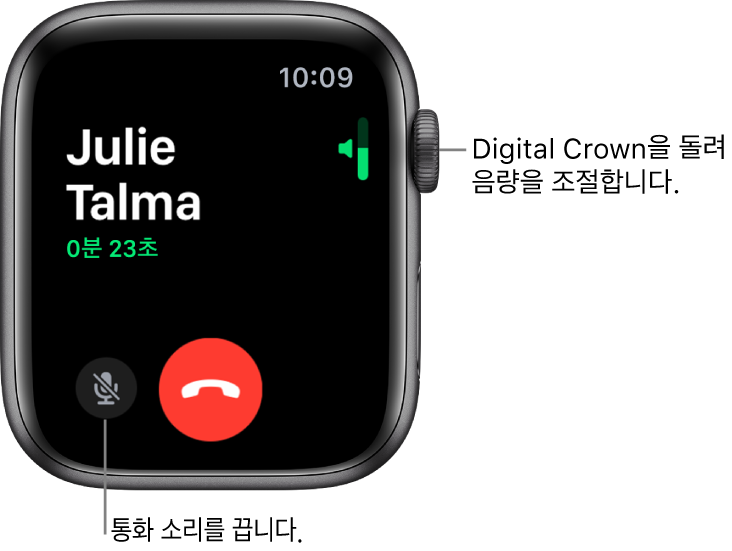 전화가 걸려오는 동안 화면의 오른쪽 상단에는 수평 볼륨 표시기, 화면의 왼쪽 하단에 소리 끔 버튼, 빨간색 거절 버튼이 표시됨. 발신자 이름 아래에 통화 시간이 나타남.