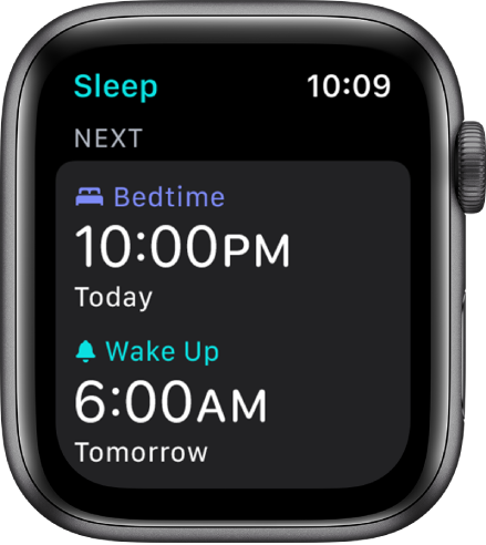 „Apple Watch“ programos „Sleep“ ekranas, kuriame rodomas nakties miego tvarkaraštis. Gulimo metas nustatytas 22.00 val., o žadintuvas – 6.00 val.