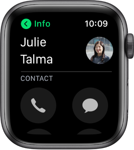 Lietotnes Phone ekrāns, kurā redzama kontaktpersona un pogas Call un Message.