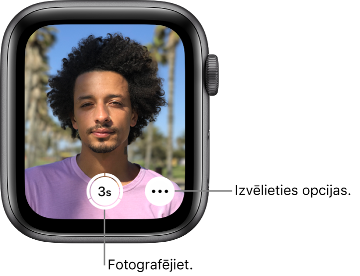 Kad Apple Watch pulkstenis tiek izmantots kā kameras tālvadības pults, tā ekrānā var skatīt iPhone kameras redzeslauku. Apakšdaļas centrā ir poga Take Picture, bet pa labi no tās — poga More Options. Pēc fotoattēla uzņemšanas apakšējā kreisajā stūrī ir poga Photo Viewer.
