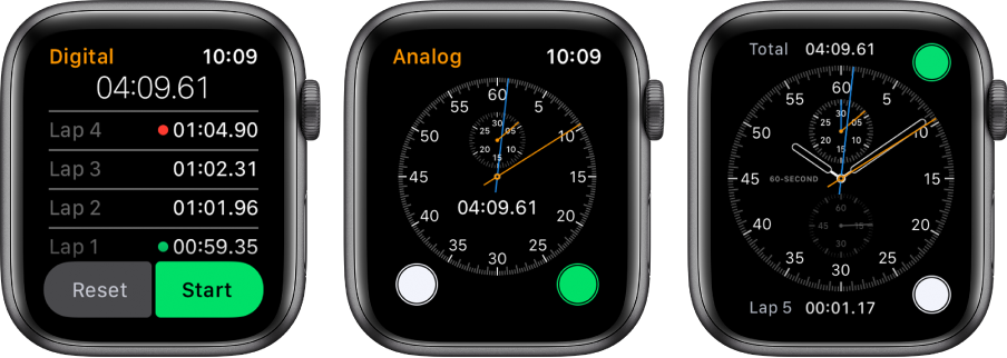 Trīs ciparnīcas, kurās redzami trīs veidu hronometri: digitālais hronometrs lietotnē Stopwatch, analogais hronometrs lietotnē un hronometra vadīklas, kas pieejamas ciparnīcā Chronograph.