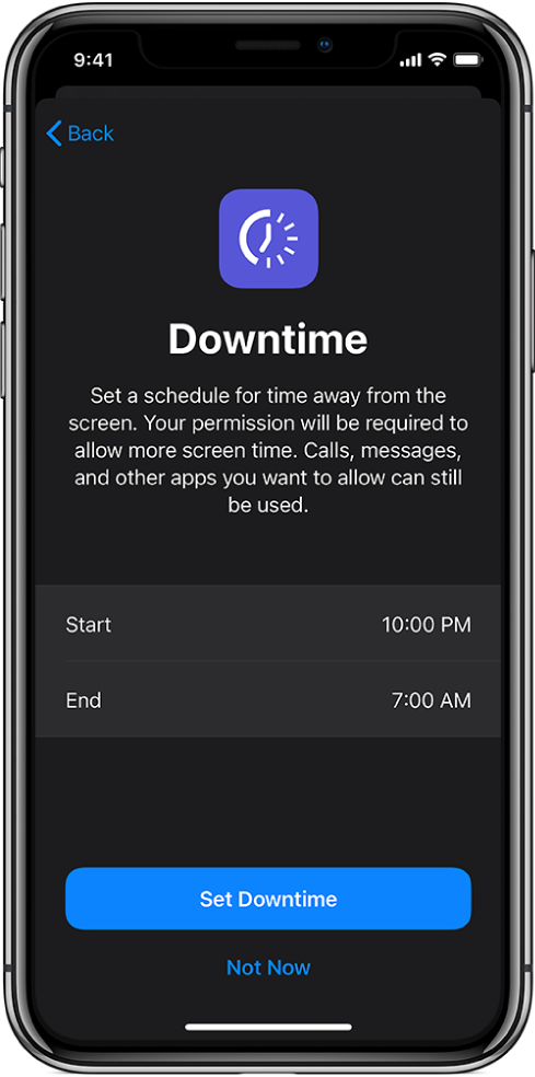 iPhone ar Downtime iestatīšanas ekrānu. Ekrāna centrā izvēlieties sākuma un beigu laiku. Ekrāna apakšā ir pogas Set Downtime un Not Now.