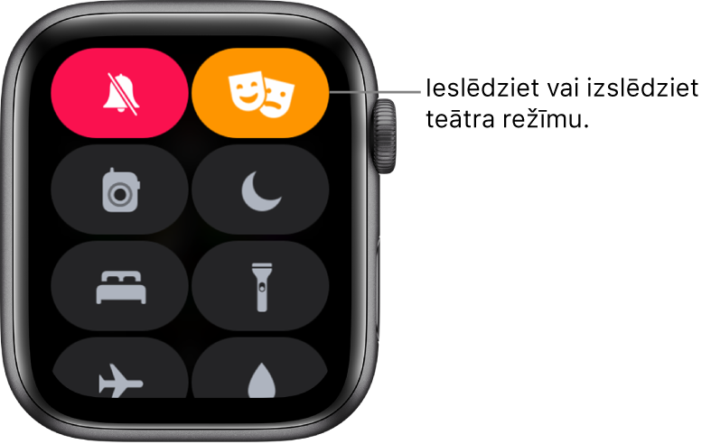 Izvēlne Control Center, kurā ir iezīmēta teātra režīma un klusuma režīma poga, tādējādi norādot, ka ir ieslēgts teātra režīms.