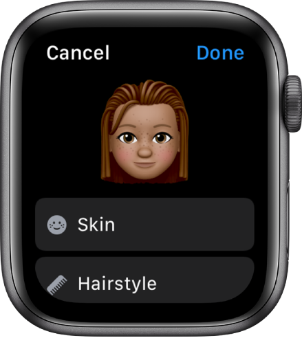 Memoji lietotne Apple Watch pulkstenī; ekrāna augšdaļā ir redzama seja, zemāk ir izvēles iespējas Skin un Hairstyle.