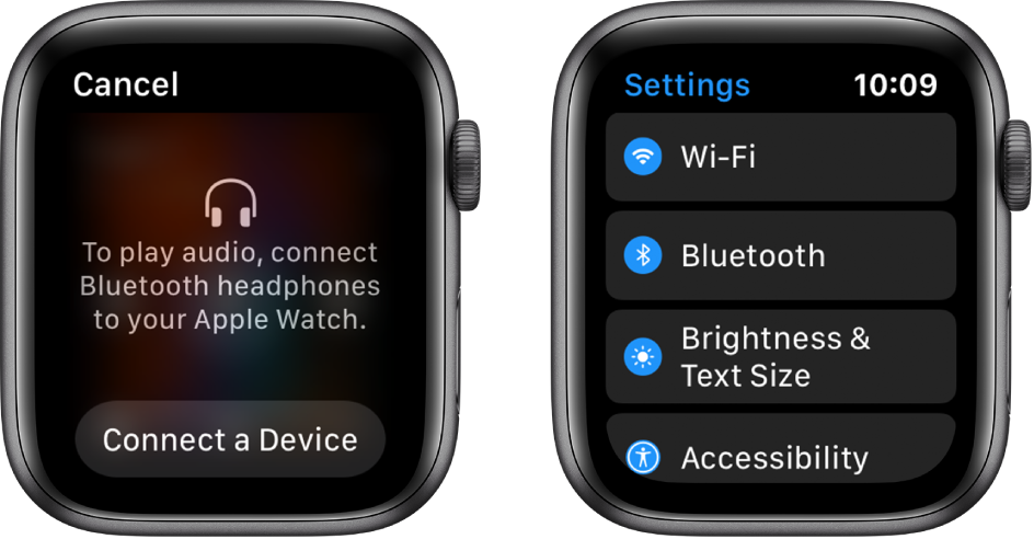 Divi ekrāni blakus. Kreisajā pusē ir ekrāns ar aicinājumu savienot Bluetooth austiņas ar Apple Watch pulksteni. Apakšā ir poga Connect a Device. Labajā pusē ir ekrāns Settings, kurā saraksta formā redzamas pogas Wi-Fi, Bluetooth, Brightness & Text Size un Accessibility.