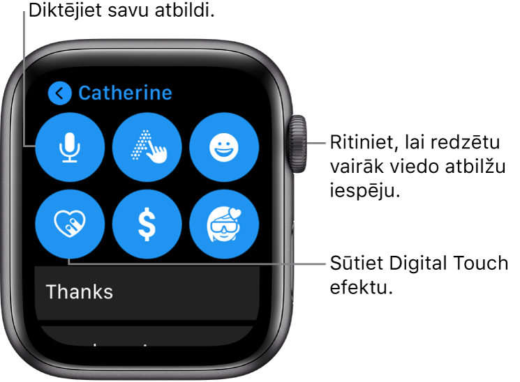 Atbildes ekrāns ar pogām Dictate, Scribble, Emoji, Digital Touch, Apple Pay un Memoji. Zemāk atrodas viedās atbildes. Groziet Digital Crown galviņu, lai redzētu vairāk viedo atbilžu.