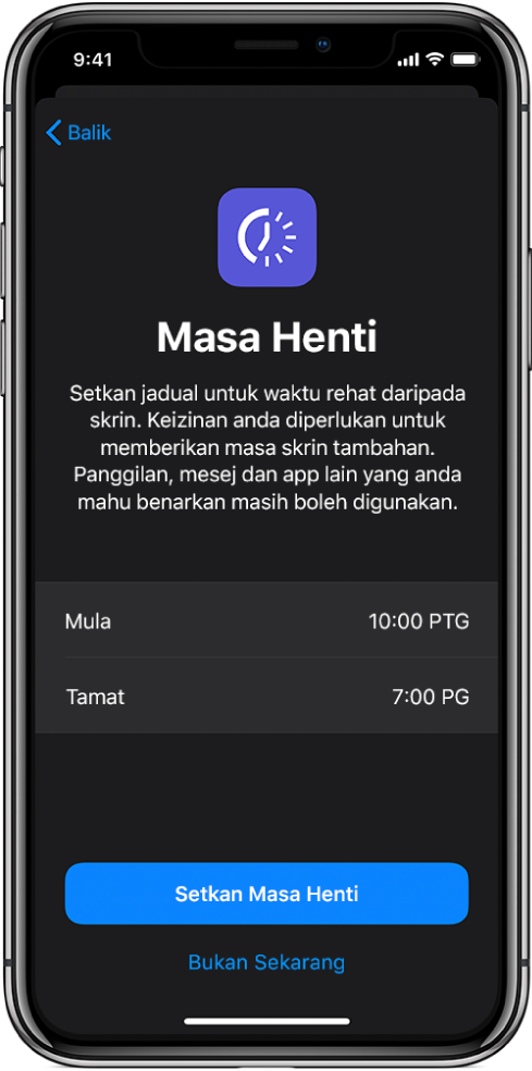 iPhone menunjukkan skrin persediaan Masa Henti. Pilih masa mula dan tamat di tengah skrin. Butang Setkan Masa Henti dan Bukan Sekarang berada di bahagian bawah skrin.
