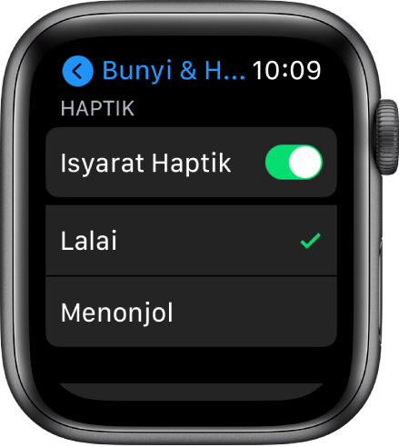 Seting Bunyi & Haptik pada Apple Watch, dengan suis Isyarat Haptik dan pilihan Lalai dan Utama di bawahnya.