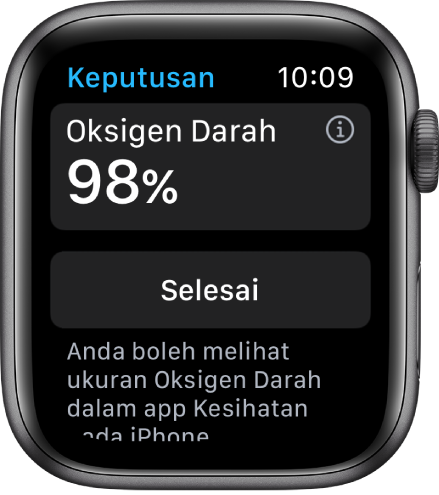 Skrin hasil Oksigen Darah menunjukkan ketepuan oksigen darah sebanyak 98 peratus. Butang Selesai berada di bawah.