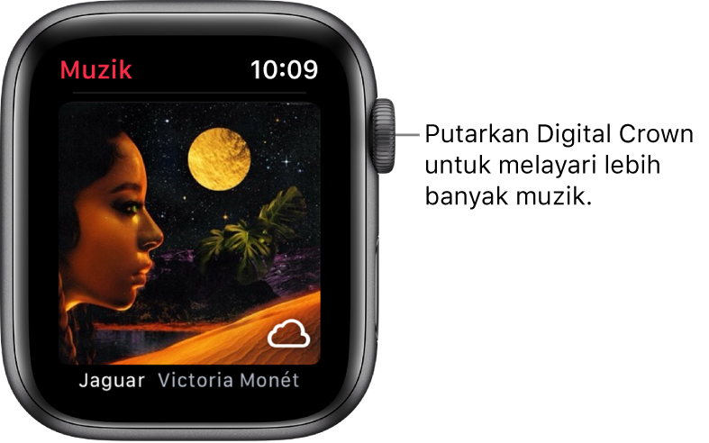 Skrin menunjukkan album dan karya seninya dalam app Muzik.