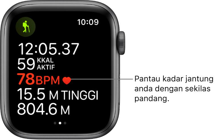 Skrin menunjukkan statistik latihan, termasuk masa berlalu dan kadar jantung.