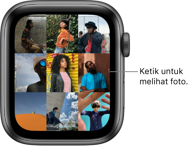 Srin utama app Foto pada Apple Watch, dengan beberapa foto dipaparkan dalam grid.