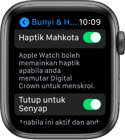 Skrin Haptik Mahkota, menunjukkan suis Haptik Mahkota diaktifkan. Butang Tutup untuk Senyap di bawah.