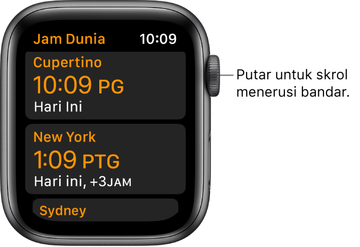 App Jam Dunia dengan senarai bandar dan bar skrol.