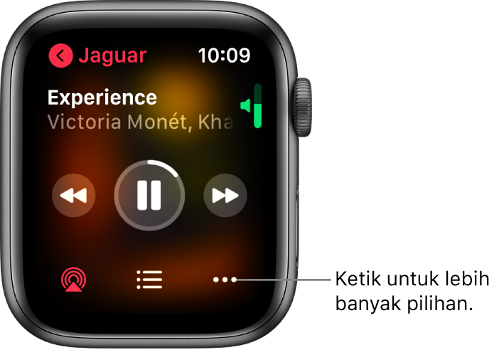Skrin Kini Dimainkan dalam app Muzik. Nama album berada di bahagian kiri atas. Tajuk lagu dan artis muncul di bahagian atas, kawalan main di bahagian tengah dan butang AirPlay, senarai trek dan Pilihan berada di bahagian bawah.