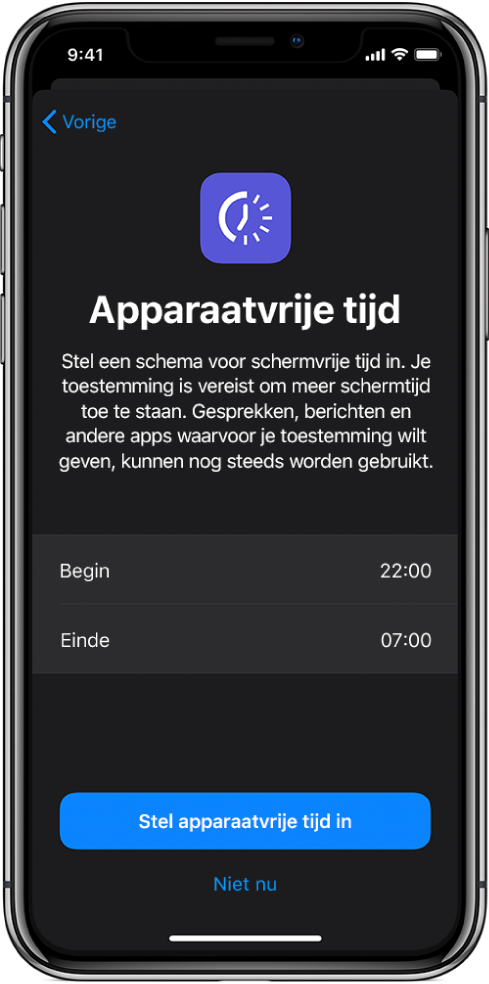 iPhone met het configuratiescherm voor apparaatvrije tijd. In het midden van het scherm kun je de begin- en eindtijd aangeven. Onder in het scherm staan de knoppen 'Stel apparaatvrije tijd in' en 'Niet nu'.