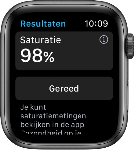 Het scherm met de uitslag van een saturatiemeting, met een saturatiewaarde van 98 procent. Onderin bevindt zich de knop 'Gereed'.
