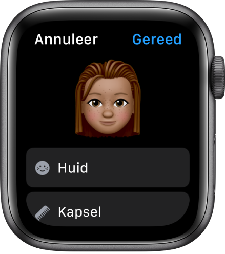 De Memoji-app op de Apple Watch met bovenin een gezicht en daaronder de opties 'Huid' en 'Haarstijl'.