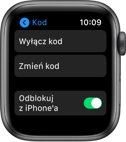 Ustawienia kodu na Apple Watch. Na górze widoczny jest przycisk Wyłącz kod, poniżej znajduje się przycisk Zmień kod, a na dole widoczny jest przycisk Odblokuj z iPhone'a.