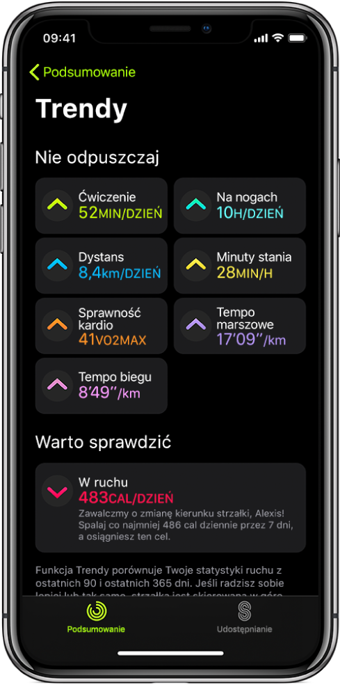 Karta Trendy w aplikacji Aktywność na iPhonie. Pod nagłówkiem Trendy (u góry ekranu) wyświetlany jest szereg wartości (między innymi Ćwiczenie, Na nogach i Dystans). Pod nagłówkiem Warto sprawdzić wyświetlana jest wartość Ruch.