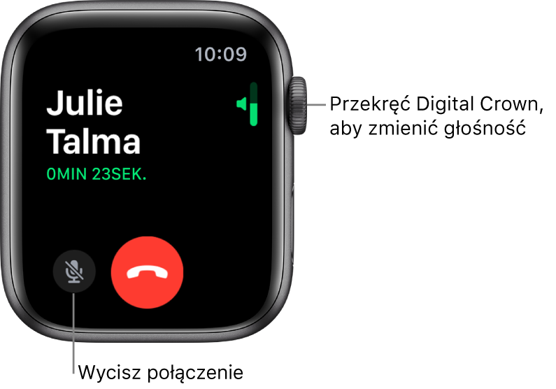 Podczas przychodzącego połączenia telefonicznego na ekranu są widoczne: poziomy pasek zmiany głośności (w prawym górnym rogu), przycisk Wycisz (w lewym dolnym rogu) oraz czerwony przycisk Odrzuć. Czas trwania połączenia wyświetlany jest pod imieniem dzwoniącego.