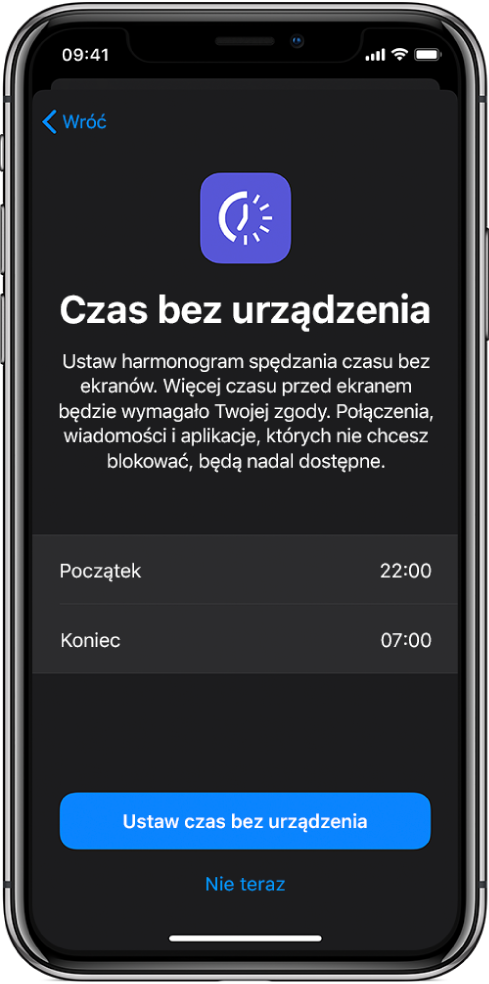 iPhone wyświetlający ekran Czas bez urządzenia. Na środku ekranu można wybrać czas początkowy i końcowy. Na dole ekranu widoczne są przyciski Ustaw czas bez urządzenia oraz Nie teraz.