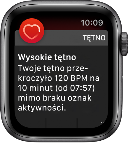 Alert dotyczący tętna, informujący o wysokim tętnie.