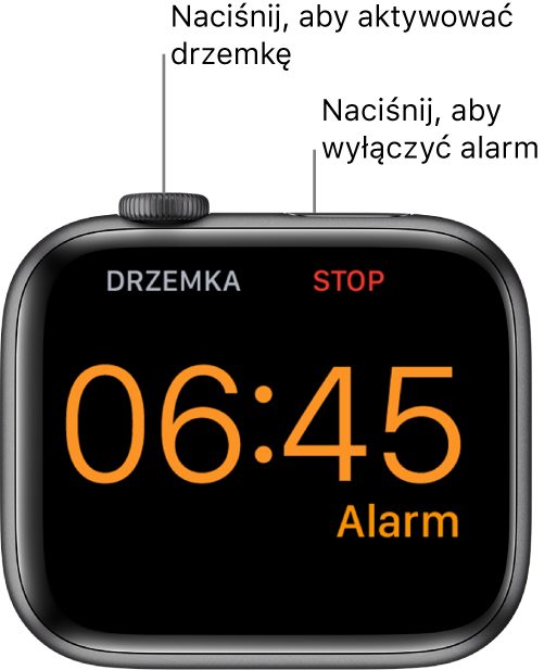 Apple Watch ustawiony na boku. Jego ekran wyświetla włączony alarm. Poniżej Digital Crown znajduje się etykieta „drzemka”. Poniżej przycisku bocznego widoczna jest etykieta „stop”.