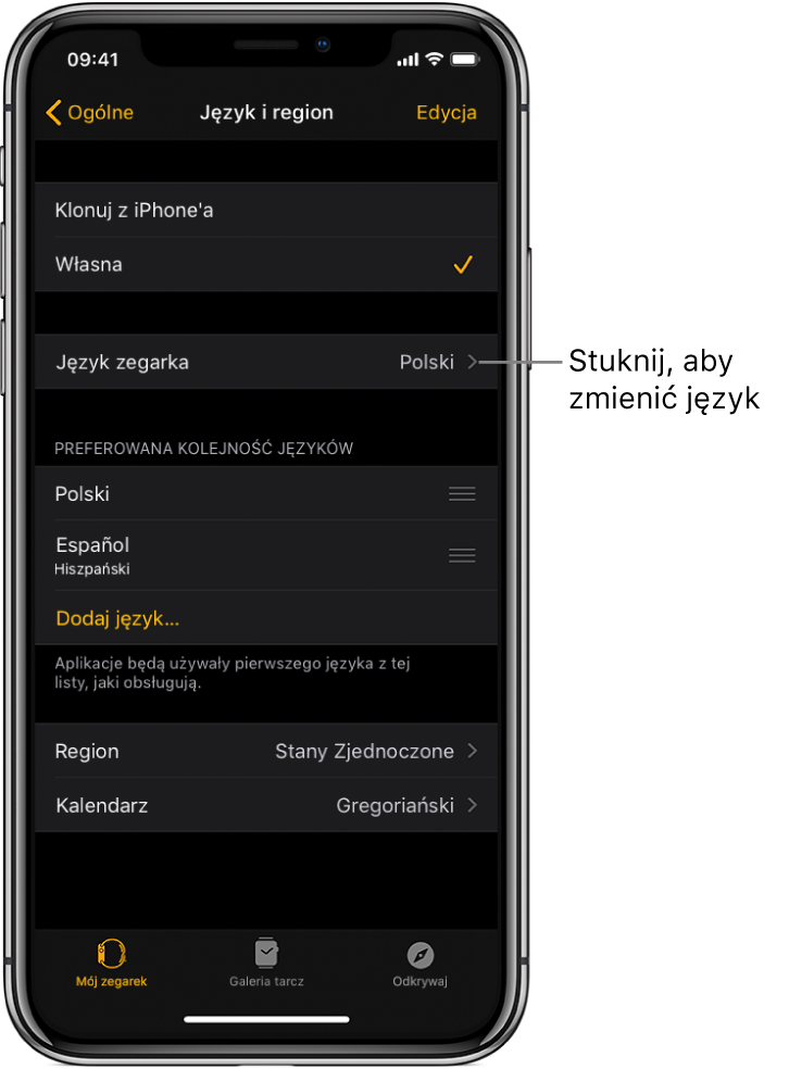 Ekran Język i region w aplikacji Watch, na górze ekranu widoczne jest ustawienie języka zegarka.