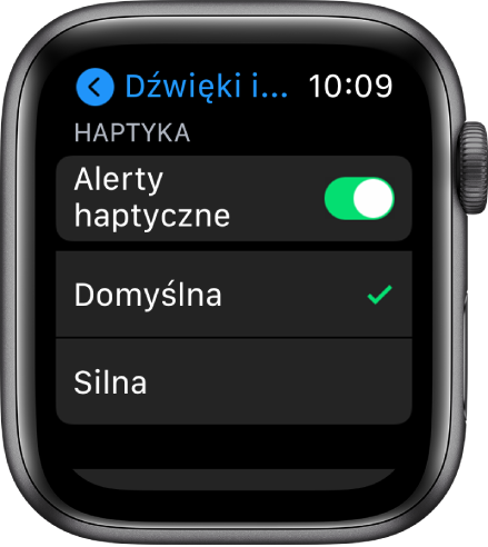 Ustawienia dźwięku i haptyki na Apple Watch. Widoczny jest przełącznik Alerty haptyczne, a poniżej opcje Domyślna oraz Silna.