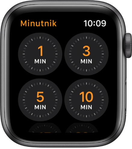 Ekran minutnika, zawierający szybkie minutniki na 1, 3, 5 i 10 minut.