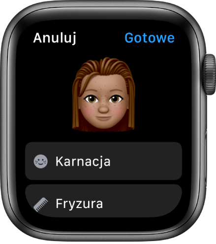 Aplikacja Memoji na Apple Watch, wyświetlająca twarz w górnej części ekranu oraz opcje dotyczące karnacji i fryzury poniżej.